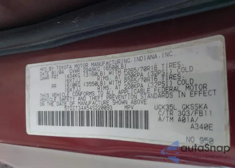 2004 Toyota Sequoia Sr5 V8 from USA, damaged, VIN 5TDZT34A54S220093